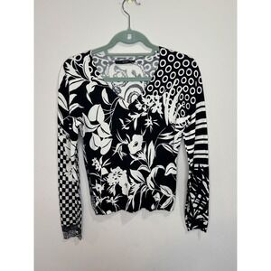 Etro Silk Knit V-Neck Sweater Black White Patchwork Geometric Floral Sz 40 US S